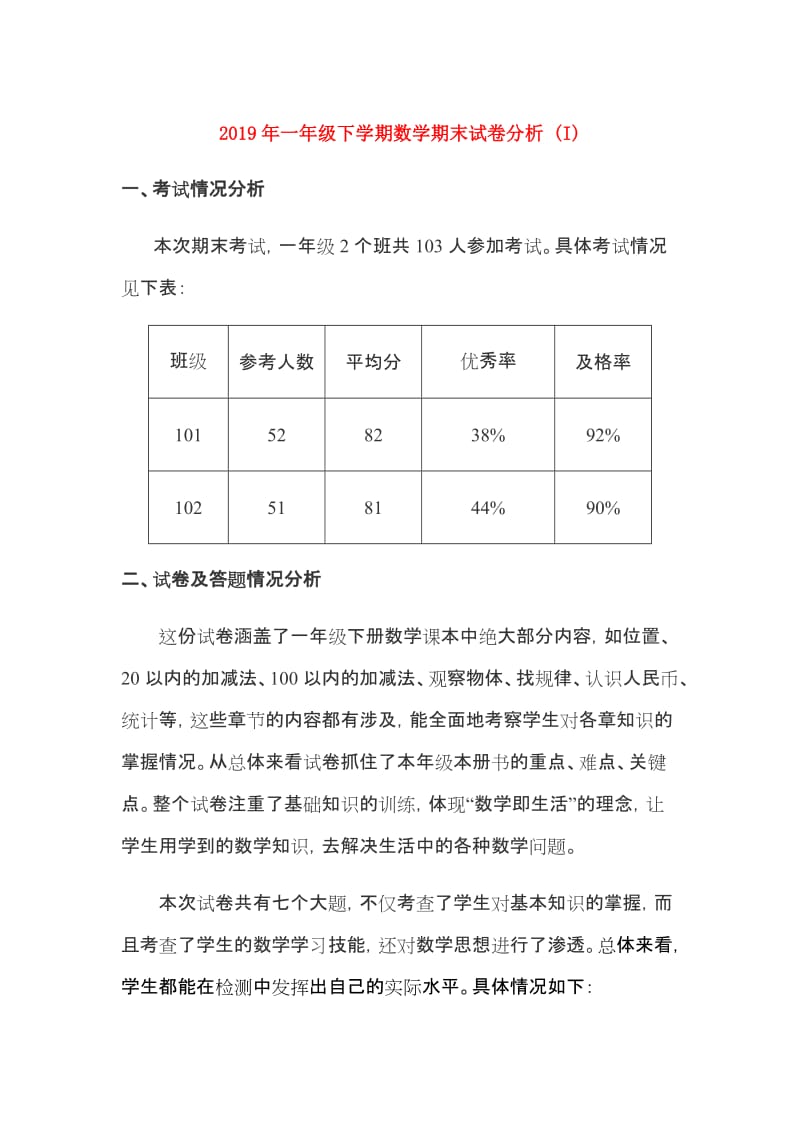 2019年一年级下学期数学期末试卷分析 (I).doc_第1页