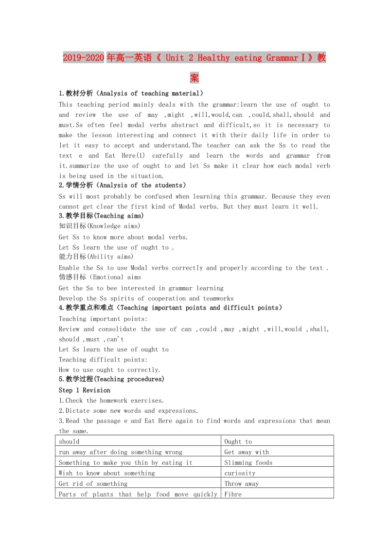 2019-2020年高一英语《 Unit 2 Healthy eating GrammarⅠ》教案 .doc_第1页