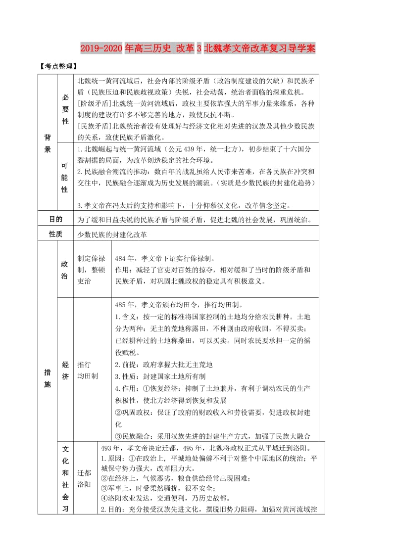 2019-2020年高三历史 改革3北魏孝文帝改革复习导学案.doc_第1页