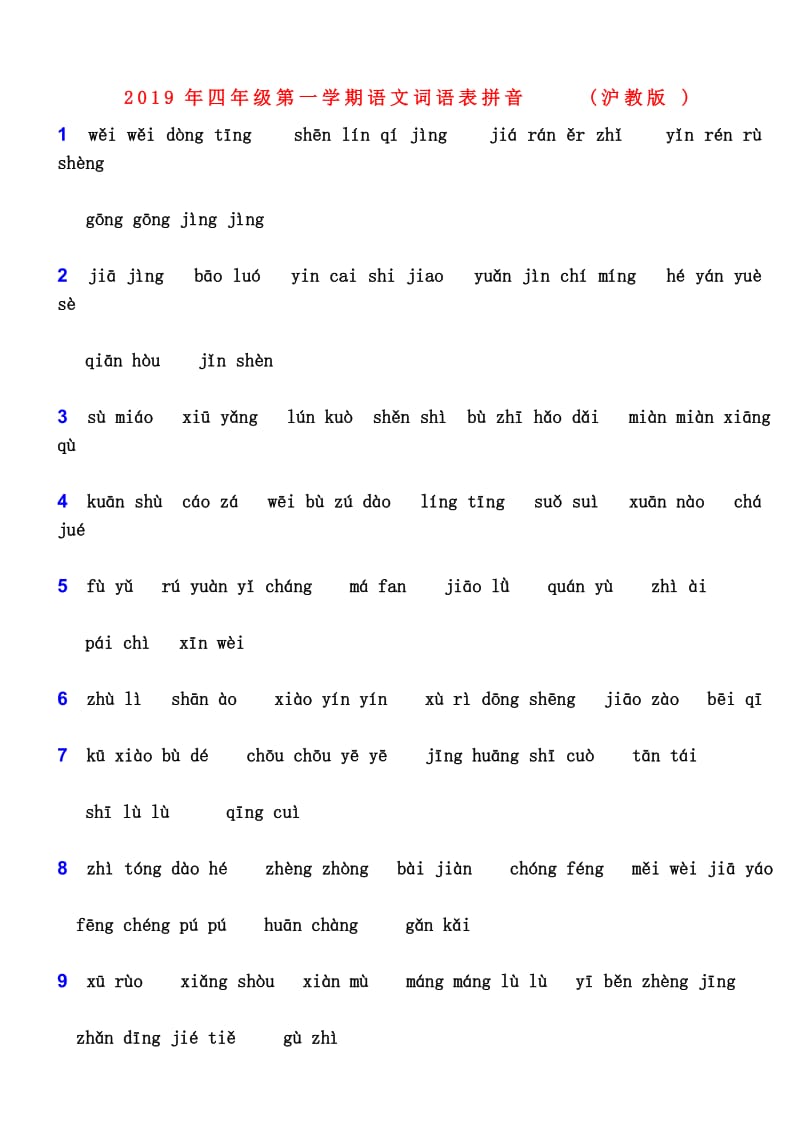 2019年四年级第一学期语文词语表拼音(沪教版).doc_第1页