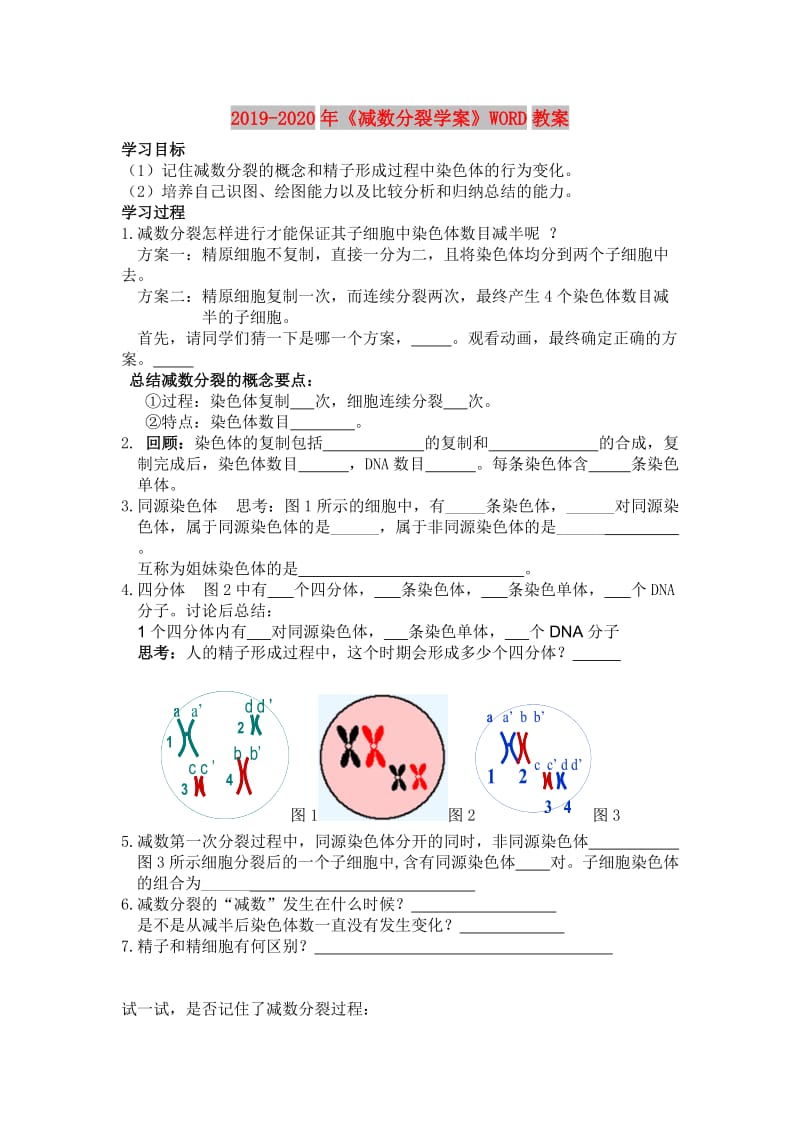 2019-2020年《减数分裂学案》WORD教案.doc_第1页