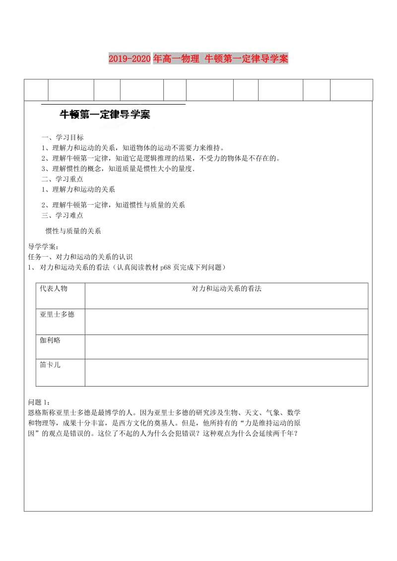 2019-2020年高一物理 牛顿第一定律导学案.doc_第1页