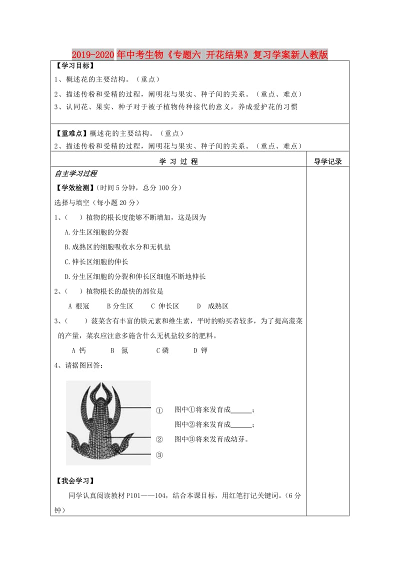 2019-2020年中考生物《专题六 开花结果》复习学案新人教版.doc_第1页