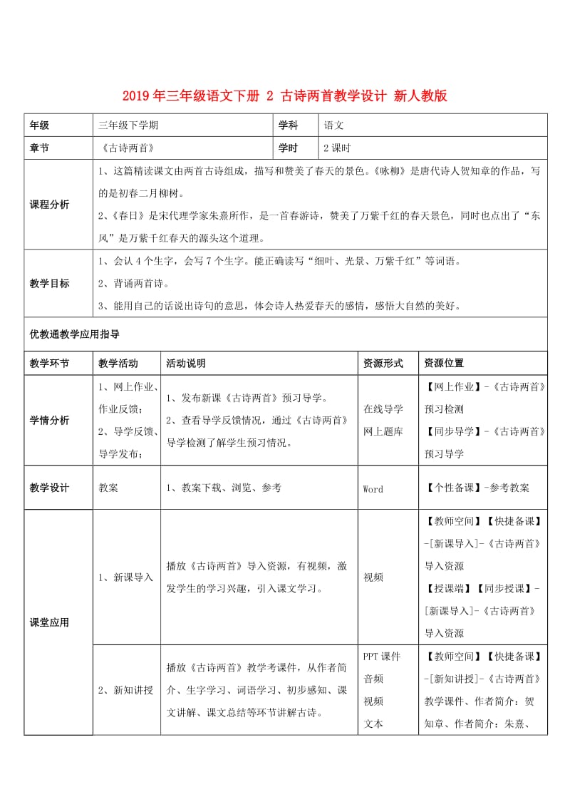 2019年三年级语文下册 2 古诗两首教学设计 新人教版.doc_第1页