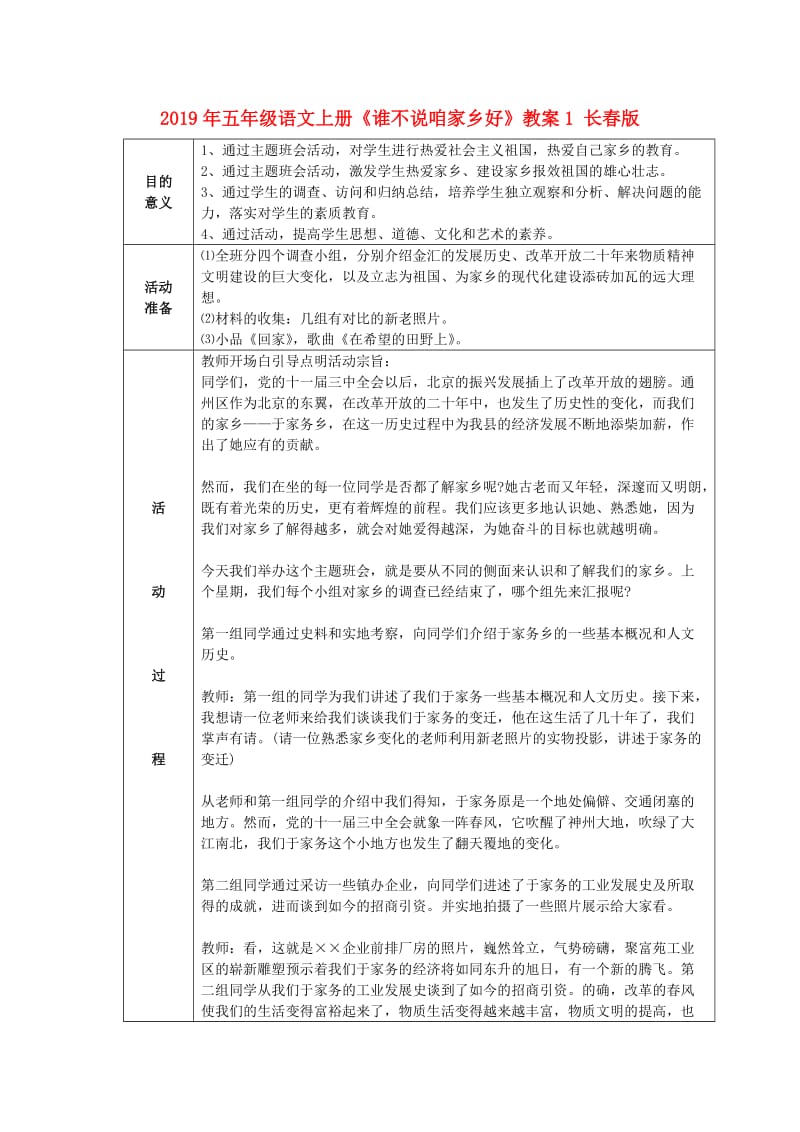 2019年五年级语文上册《谁不说咱家乡好》教案1 长春版.doc_第1页