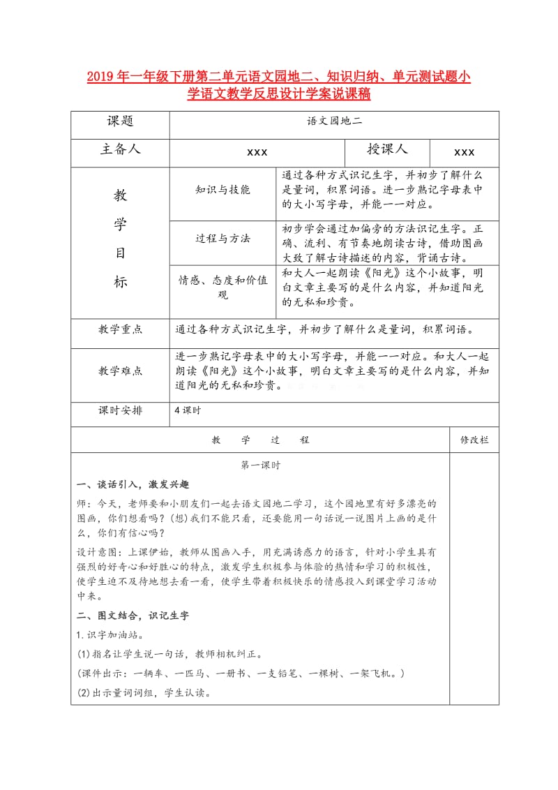 2019年一年级下册第二单元语文园地二、知识归纳、单元测试题小学语文教学反思设计学案说课稿.doc_第1页