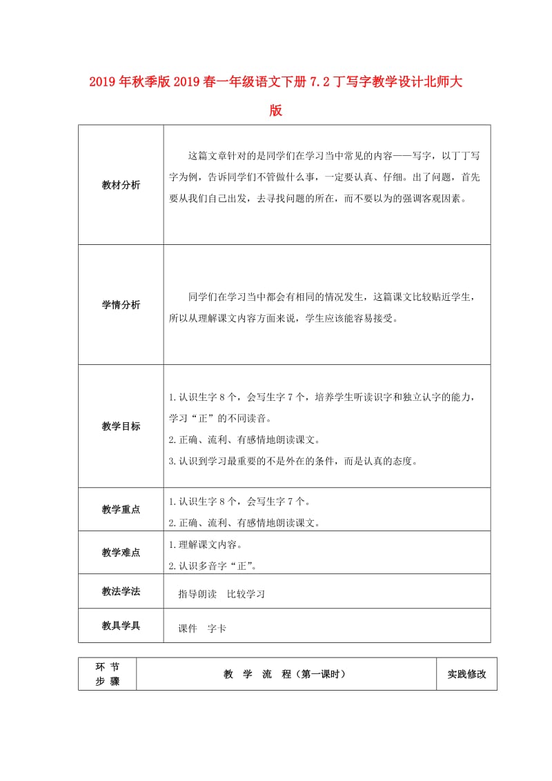 2019年秋季版2019春一年级语文下册7.2丁写字教学设计北师大版.doc_第1页