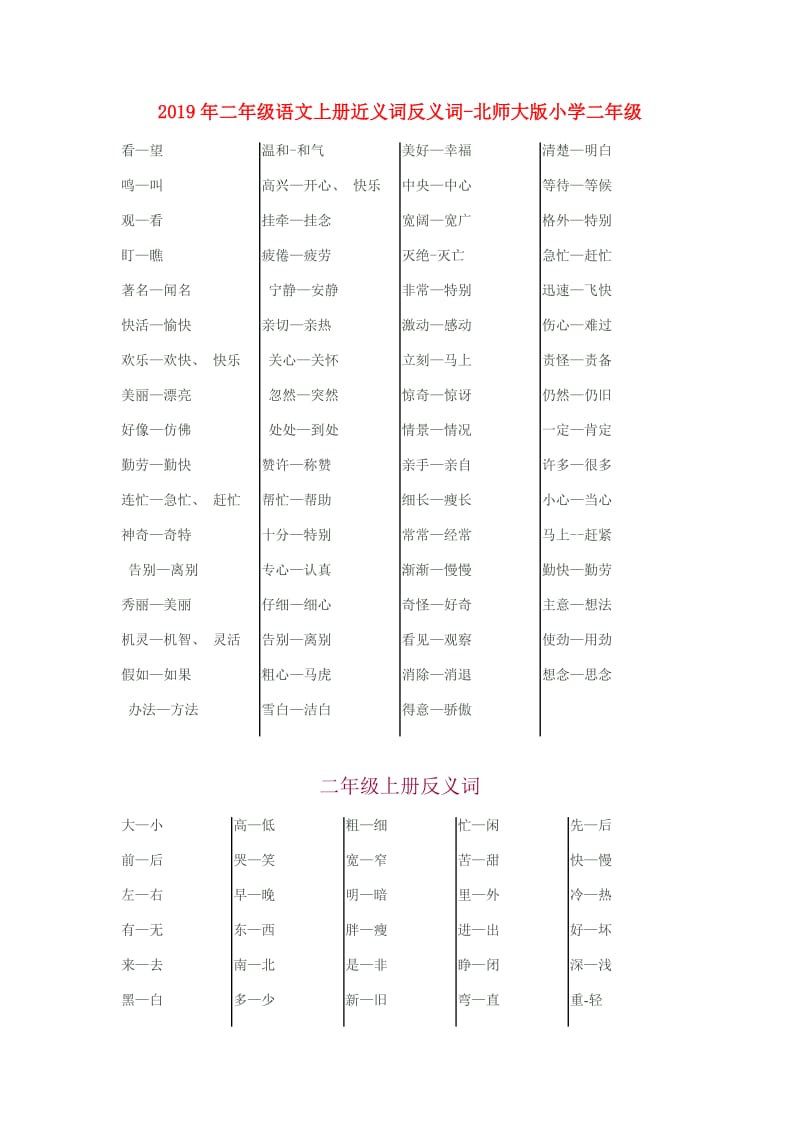 2019年二年级语文上册近义词反义词-北师大版小学二年级.doc_第1页