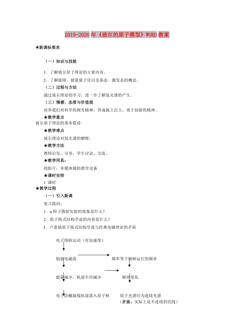 2019-2020年《玻尔的原子模型》WORD教案.doc_第1页