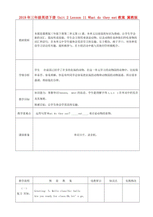 2019年三年級(jí)英語(yǔ)下冊(cè) Unit 2 Lesson 11 What do they eat教案 冀教版.doc