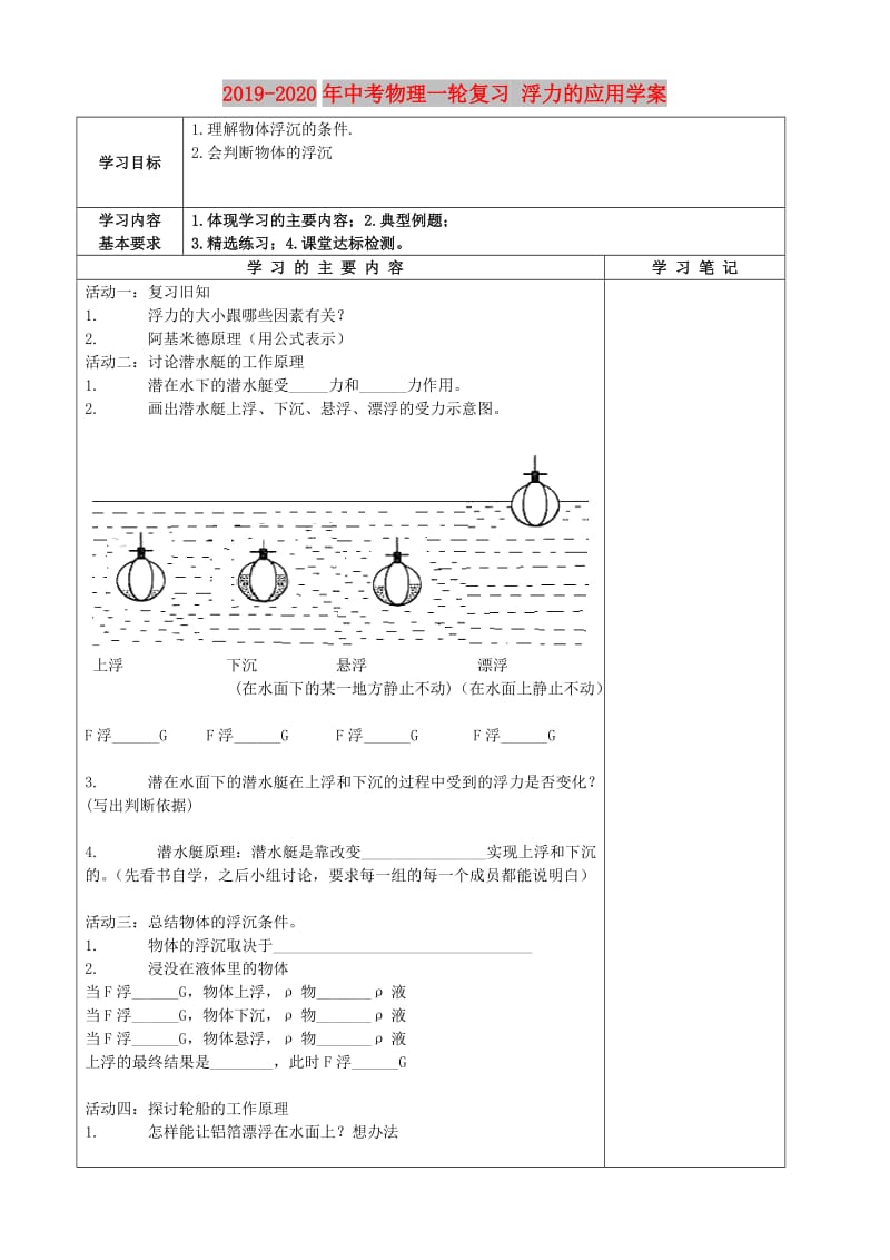 2019-2020年中考物理一轮复习 浮力的应用学案.doc_第1页