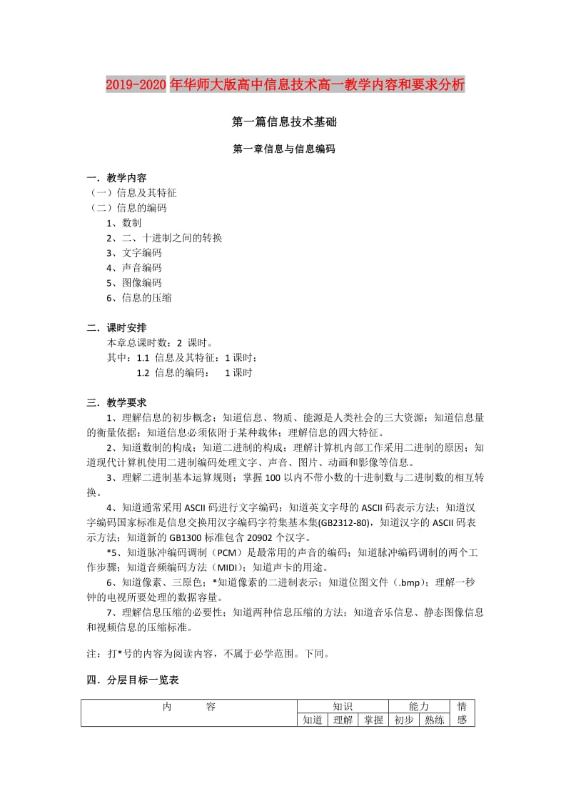 2019-2020年华师大版高中信息技术高一教学内容和要求分析.doc_第1页