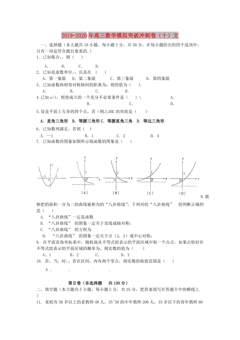 2019-2020年高三数学模拟突破冲刺卷（十）文.doc_第1页