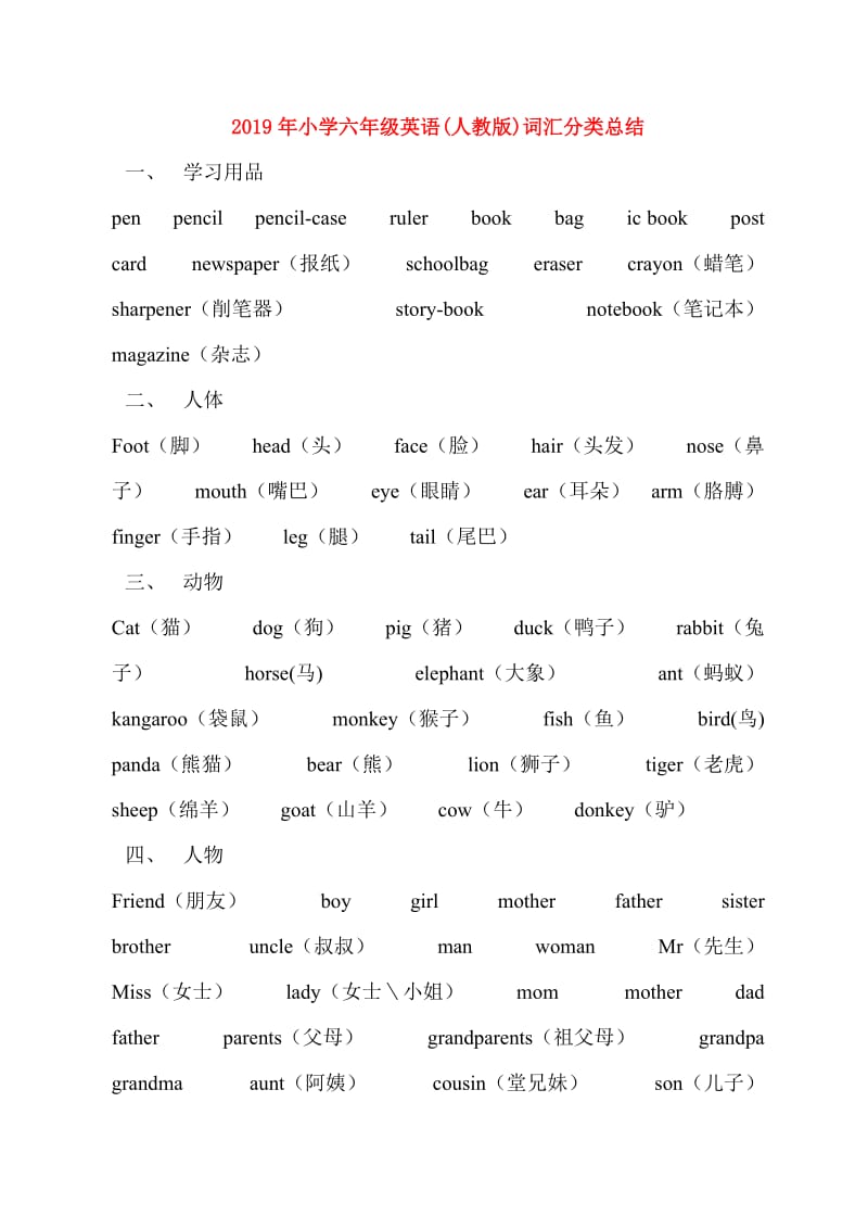 2019年小学六年级英语(人教版)词汇分类总结.doc_第1页