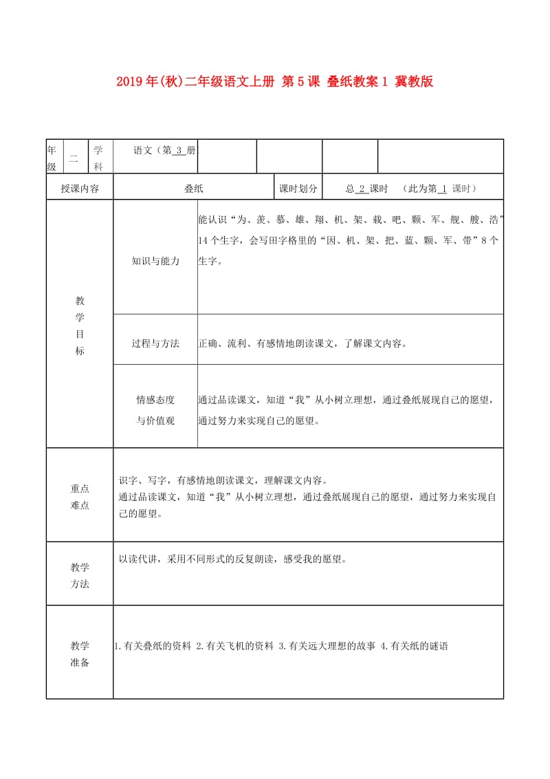 2019年(秋)二年级语文上册 第5课 叠纸教案1 冀教版.doc_第1页