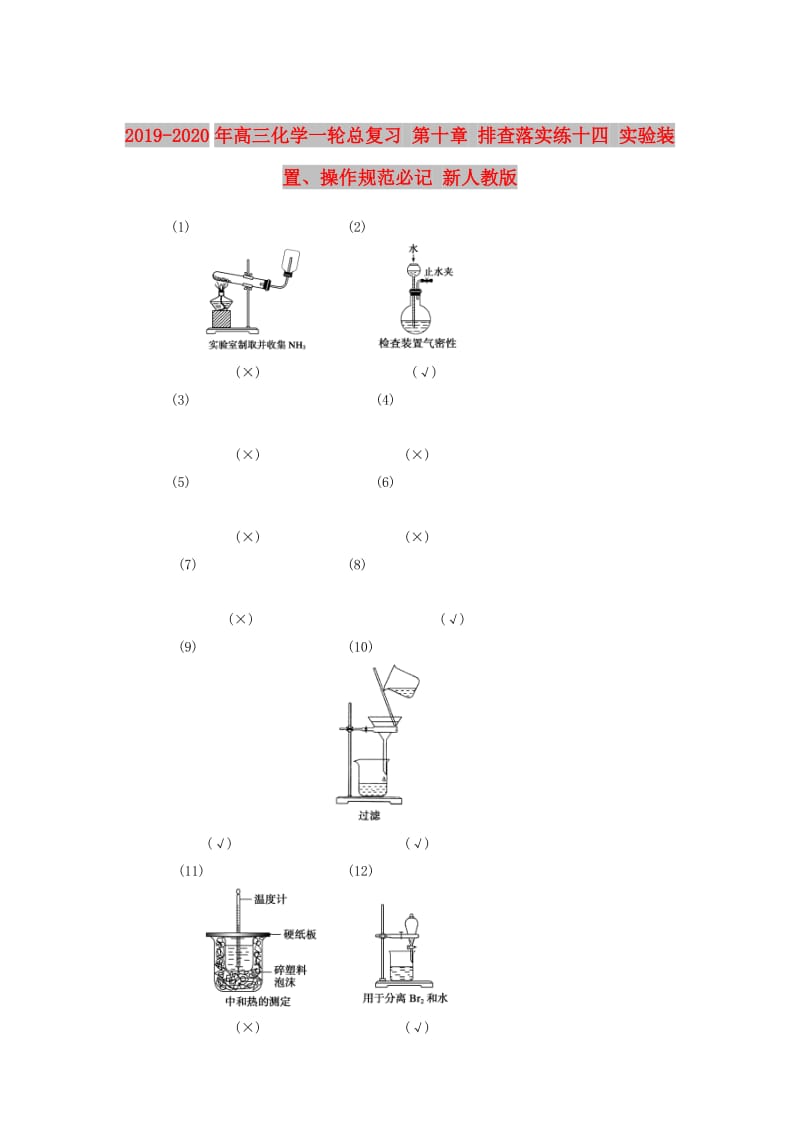 2019-2020年高三化学一轮总复习 第十章 排查落实练十四 实验装置、操作规范必记 新人教版.doc_第1页