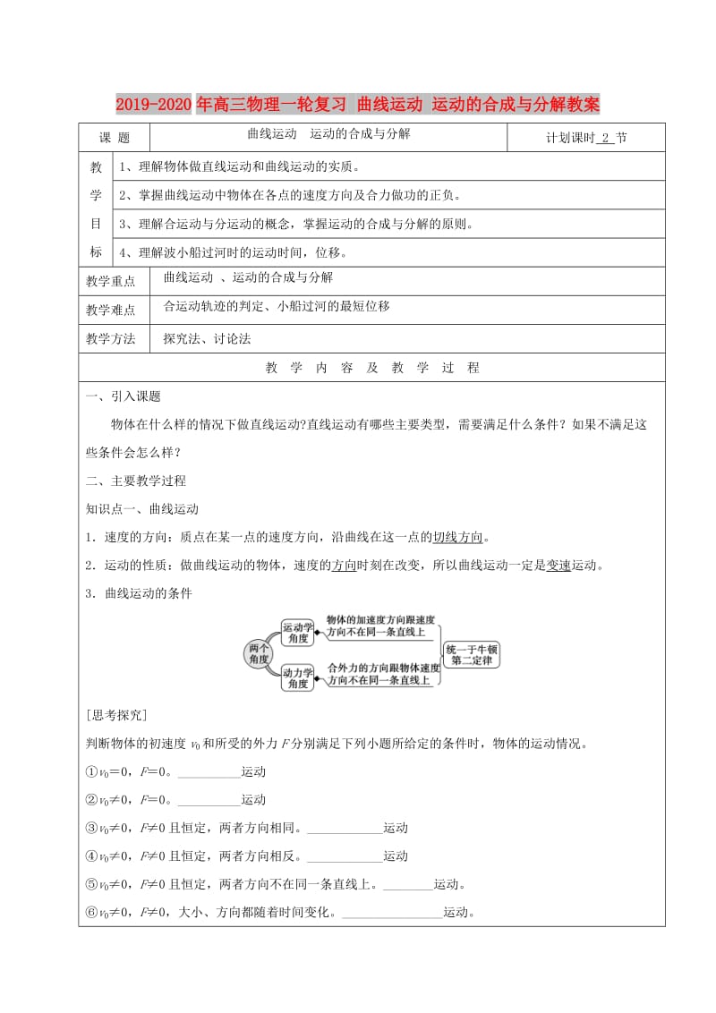 2019-2020年高三物理一轮复习 曲线运动 运动的合成与分解教案.doc_第1页