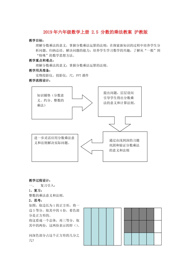 2019年六年级数学上册 2.5 分数的乘法教案 沪教版.doc_第1页