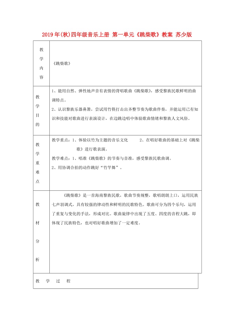 2019年(秋)四年级音乐上册 第一单元《跳柴歌》教案 苏少版.doc_第1页