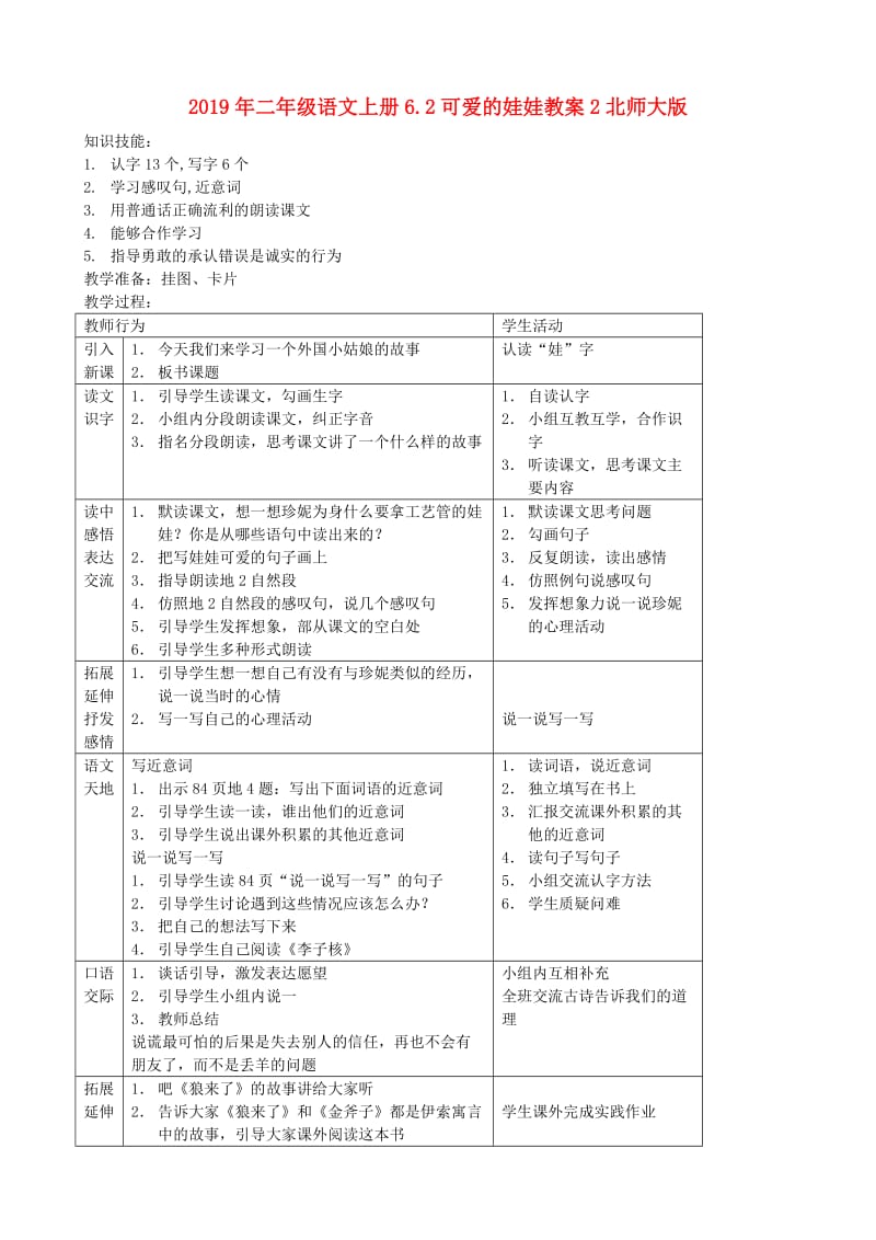 2019年二年级语文上册6.2可爱的娃娃教案2北师大版.doc_第1页