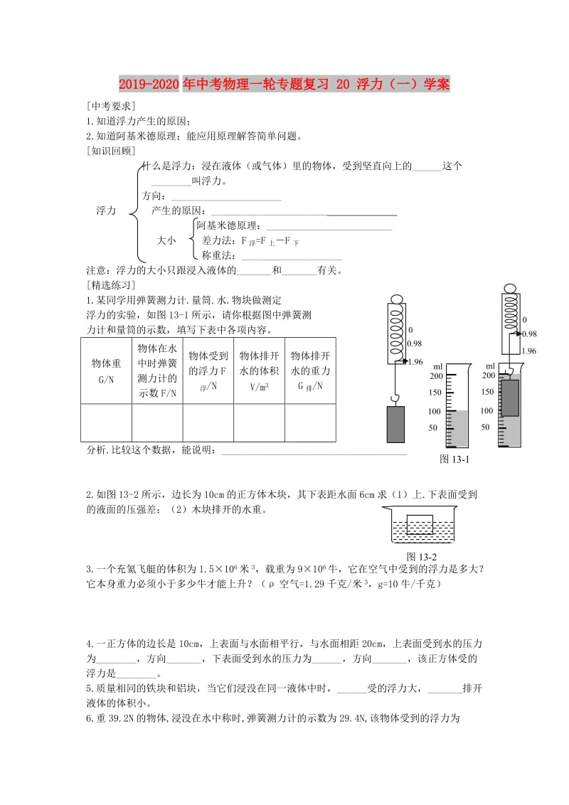 2019-2020年中考物理一轮专题复习 20 浮力（一）学案.doc_第1页