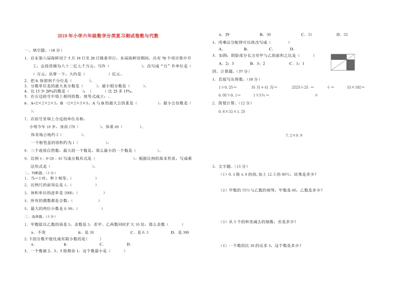 2019年小学六年级数学分类复习测试卷数与代数.doc_第1页