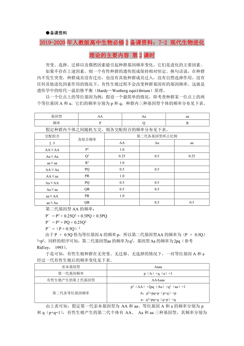 2019-2020年人教版高中生物必修2备课资料：7-2 现代生物进化理论的主要内容 第2课时.doc_第1页