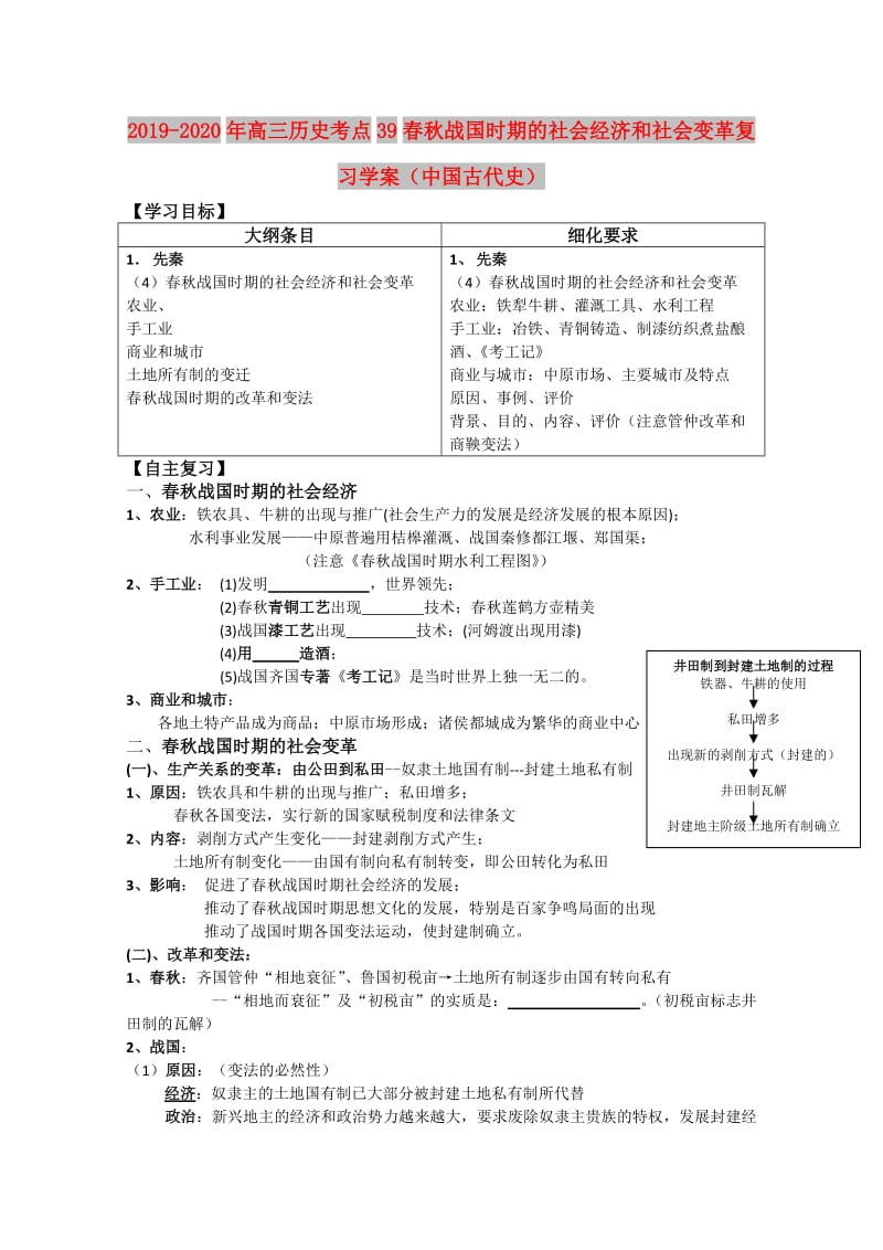 2019-2020年高三历史考点39春秋战国时期的社会经济和社会变革复习学案（中国古代史）.doc_第1页