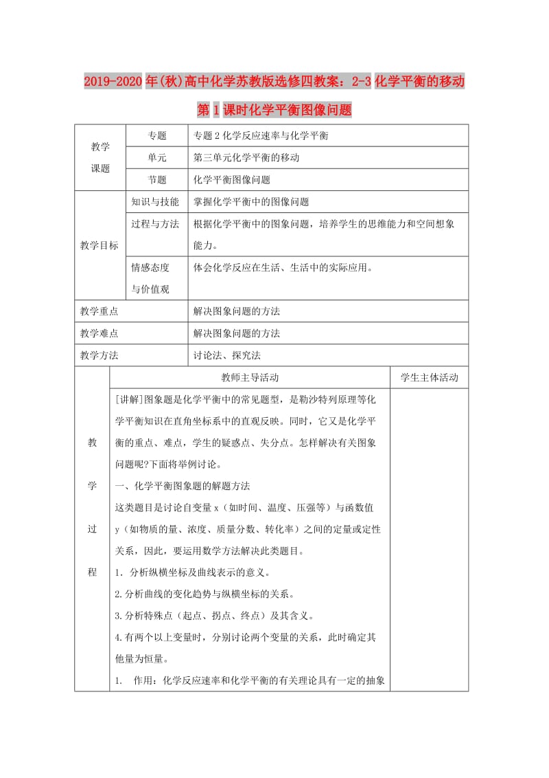 2019-2020年(秋)高中化学苏教版选修四教案：2-3化学平衡的移动第1课时化学平衡图像问题.doc_第1页