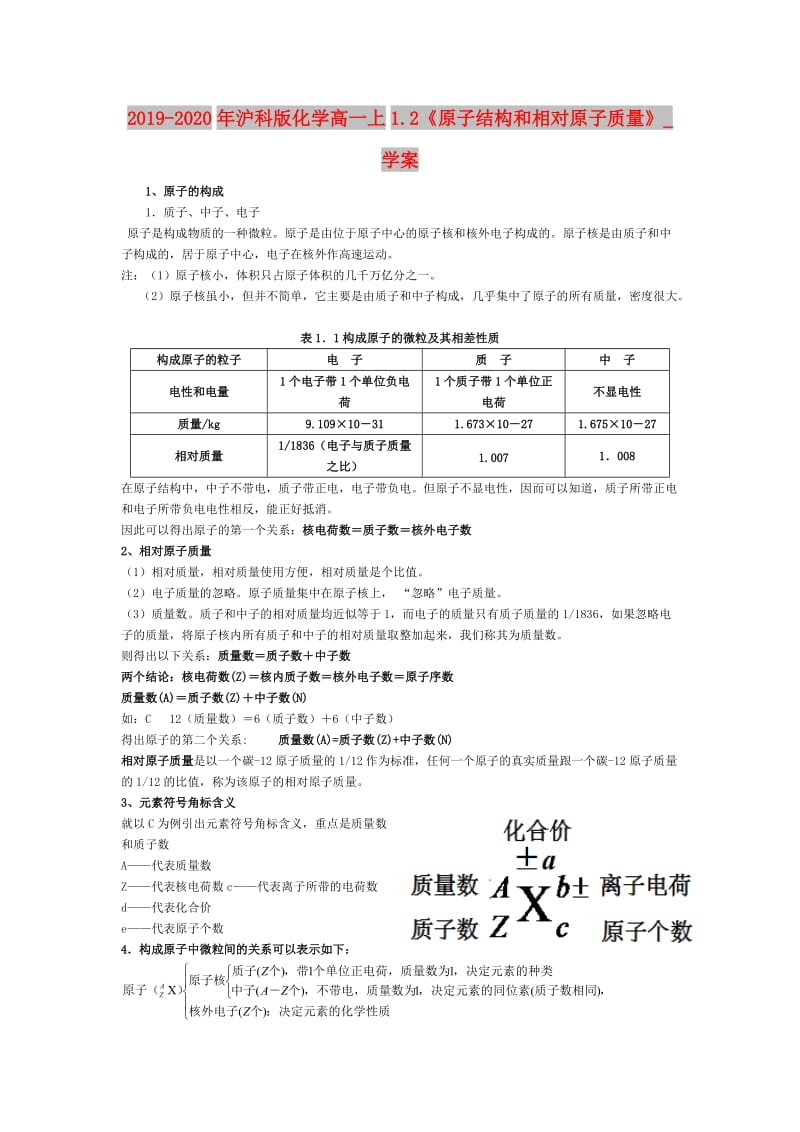 2019-2020年沪科版化学高一上1.2《原子结构和相对原子质量》_学案.doc_第1页