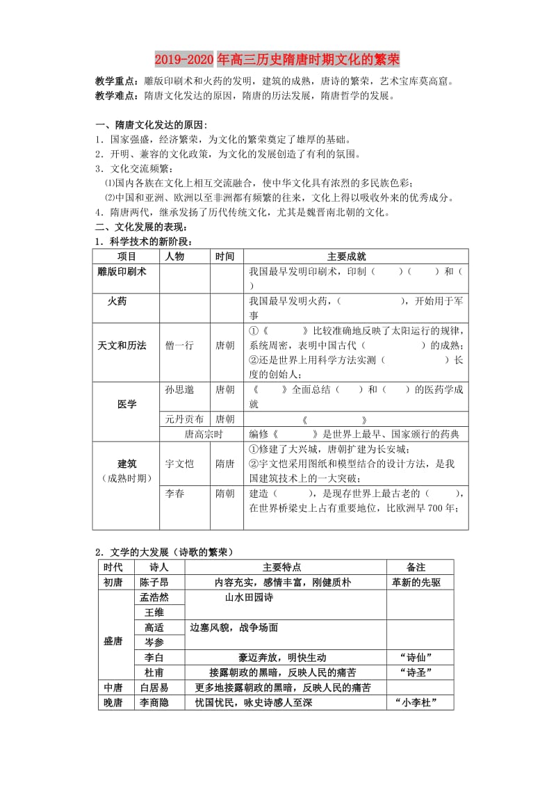 2019-2020年高三历史隋唐时期文化的繁荣.doc_第1页