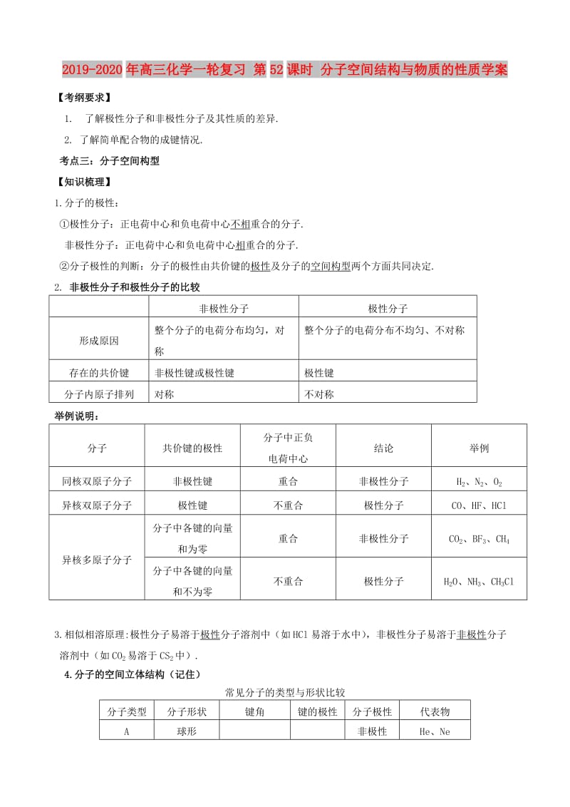 2019-2020年高三化学一轮复习 第52课时 分子空间结构与物质的性质学案.doc_第1页