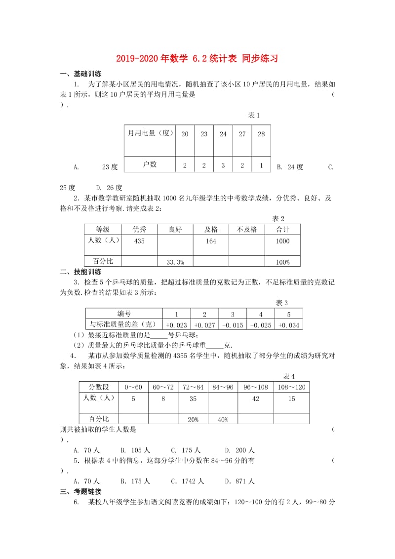 2019-2020年数学 6.2统计表 同步练习 .doc_第1页