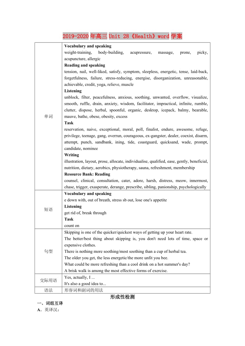 2019-2020年高三Unit 28《Health》word学案.doc_第1页