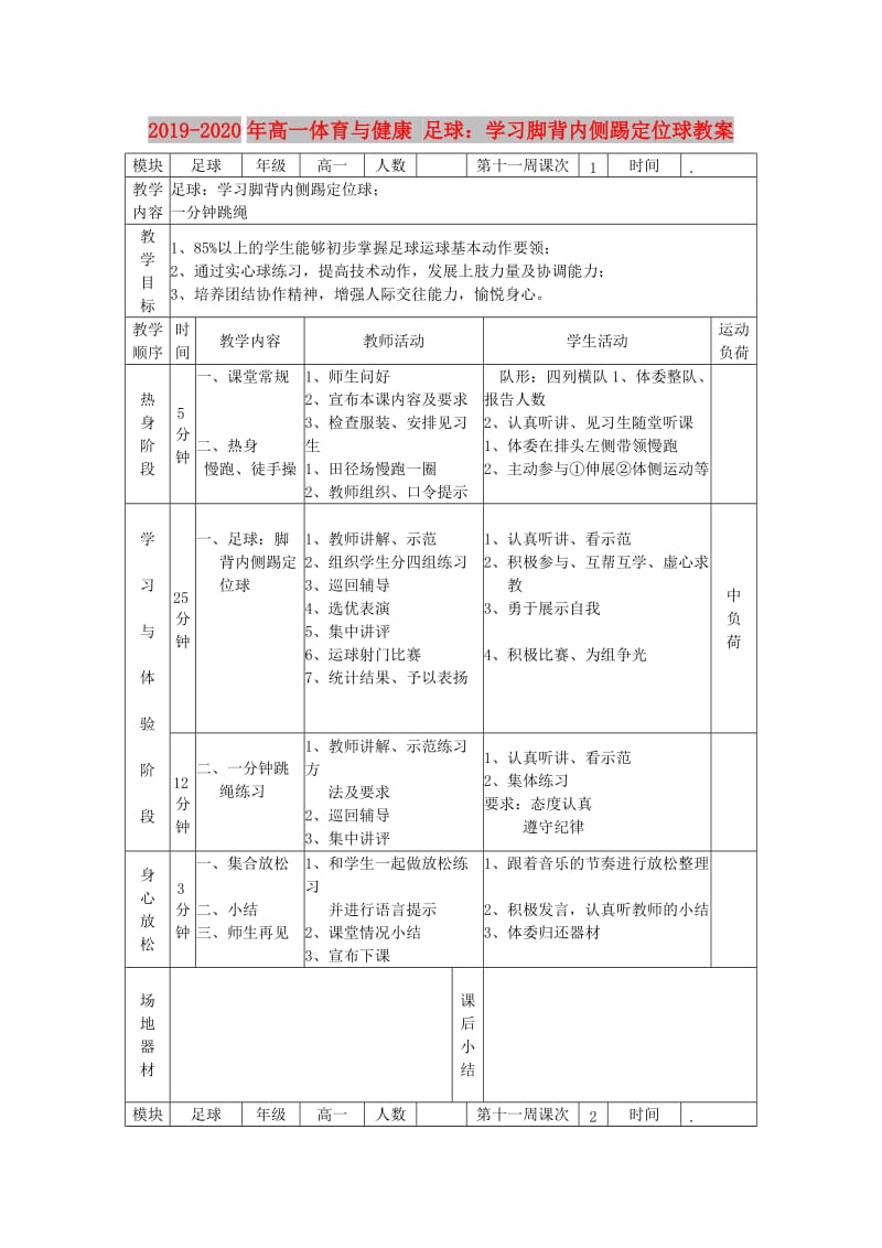 2019-2020年高一体育与健康 足球：学习脚背内侧踢定位球教案.doc_第1页