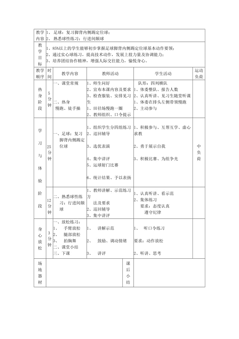 2019-2020年高一体育与健康 足球：学习脚背内侧踢定位球教案.doc_第2页