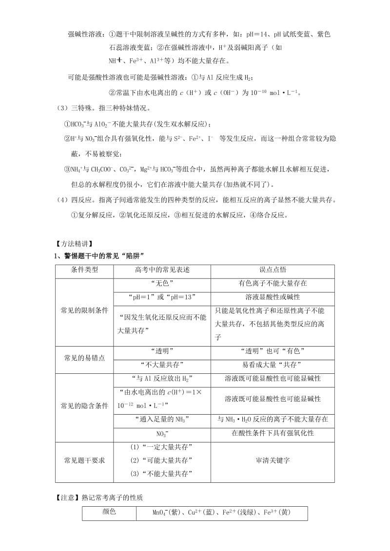 2019-2020年高三化学一轮复习 2.5 离子共存教学设计.doc_第2页