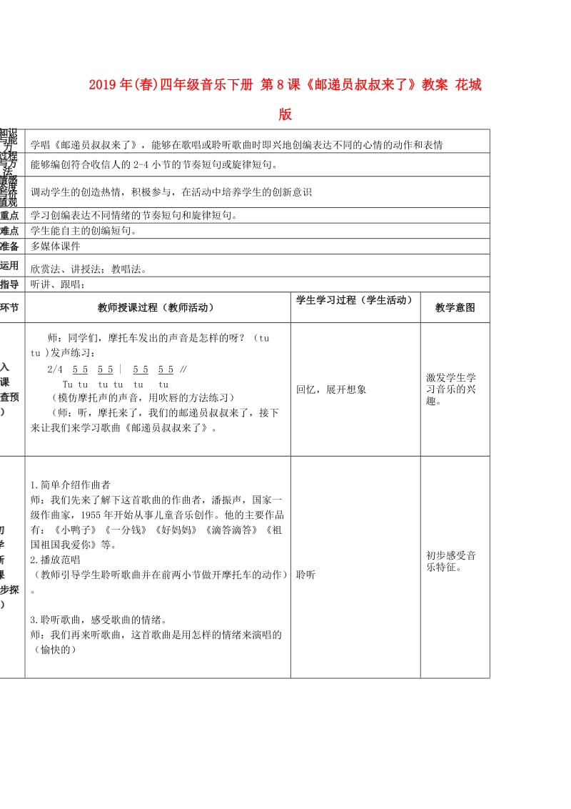 2019年(春)四年级音乐下册 第8课《邮递员叔叔来了》教案 花城版.doc_第1页