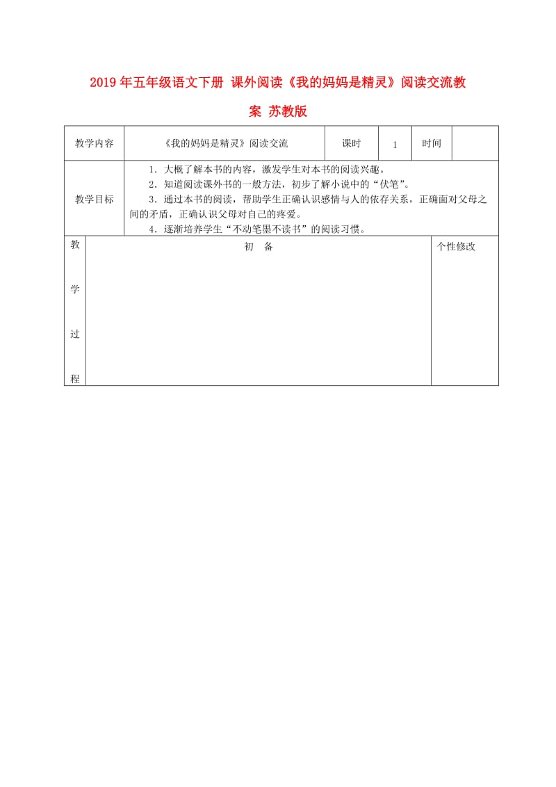 2019年五年级语文下册 课外阅读《我的妈妈是精灵》阅读交流教案 苏教版.doc_第1页