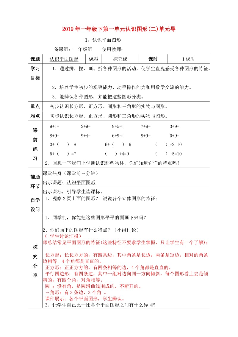 2019年一年级下第一单元认识图形(二)单元导.doc_第1页