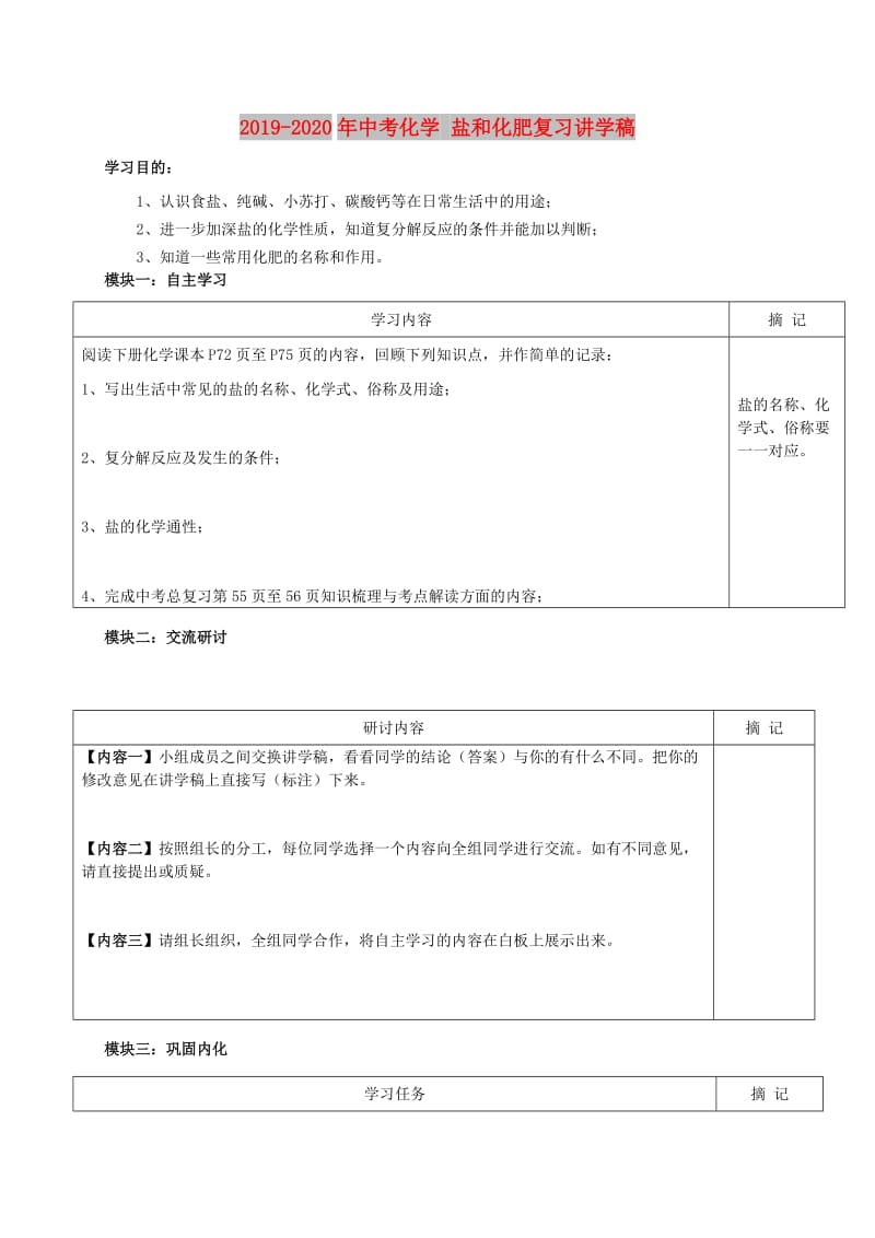 2019-2020年中考化学 盐和化肥复习讲学稿.doc_第1页