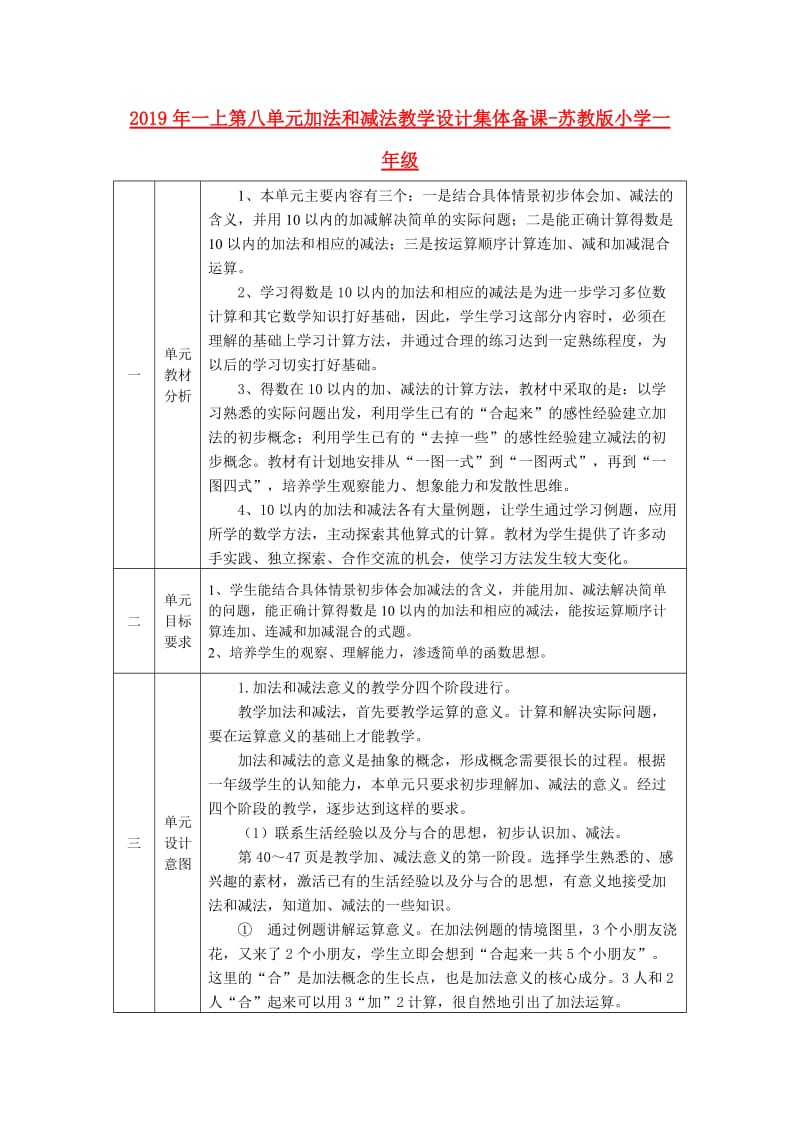 2019年一上第八单元加法和减法教学设计集体备课-苏教版小学一年级.doc_第1页