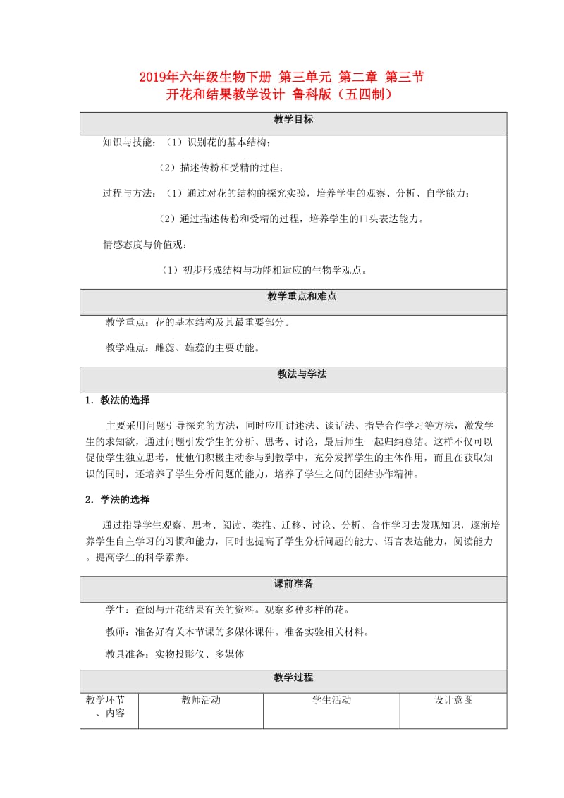 2019年六年级生物下册 第三单元 第二章 第三节 开花和结果教学设计 鲁科版（五四制）.doc_第1页