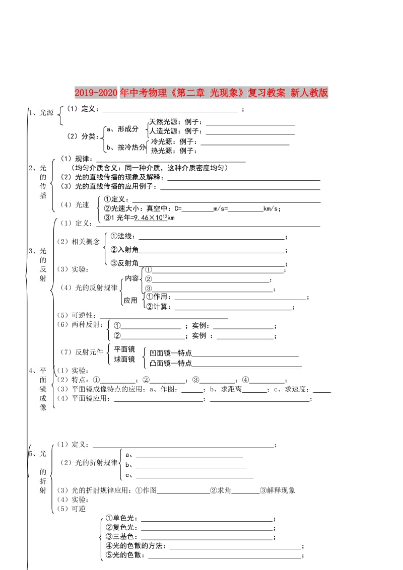 2019-2020年中考物理《第二章 光现象》复习教案 新人教版.doc_第1页