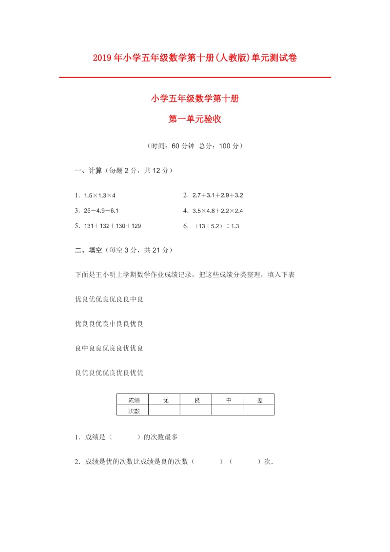 2019年小学五年级数学第十册(人教版)单元测试卷.doc_第1页