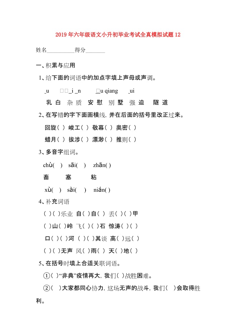 2019年六年级语文小升初毕业考试全真模拟试题12.doc_第1页