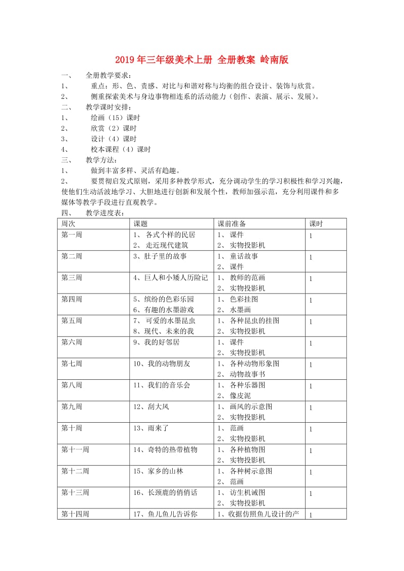 2019年三年级美术上册 全册教案 岭南版.doc_第1页