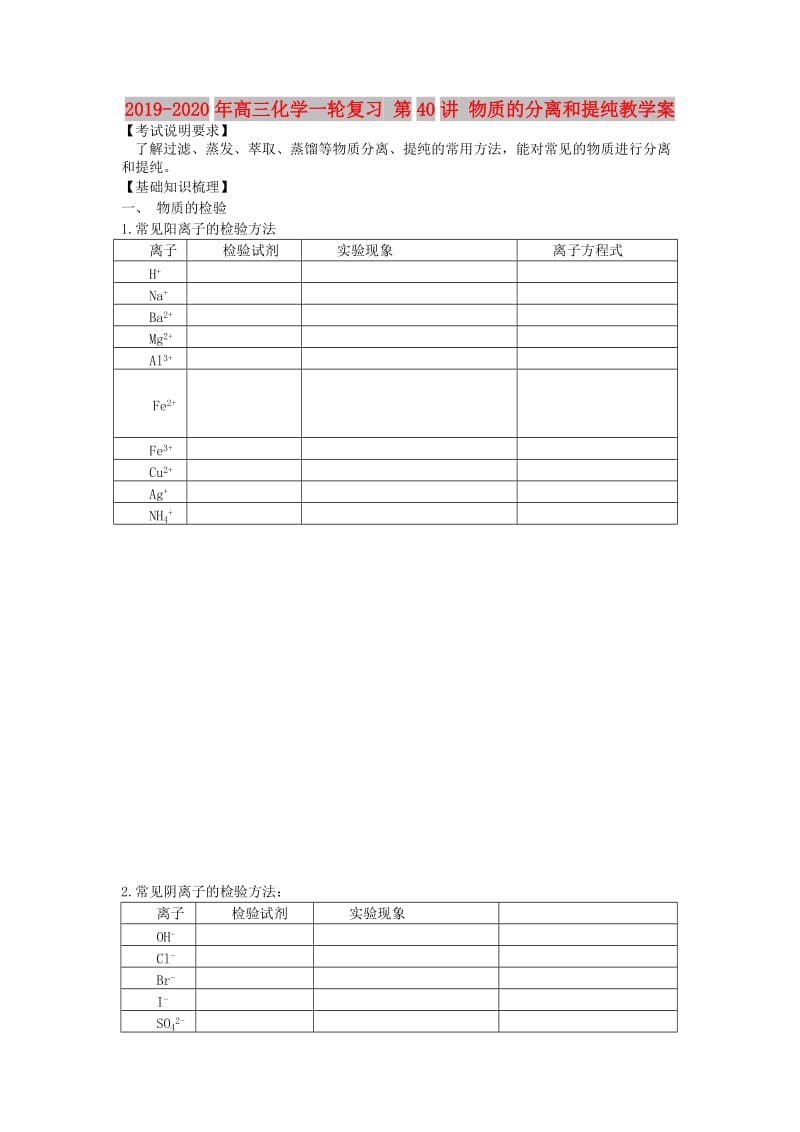 2019-2020年高三化学一轮复习 第40讲 物质的分离和提纯教学案.doc_第1页