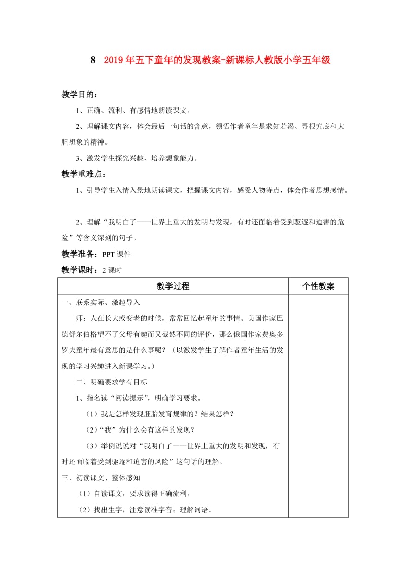 2019年五下童年的发现教案-新课标人教版小学五年级.doc_第1页