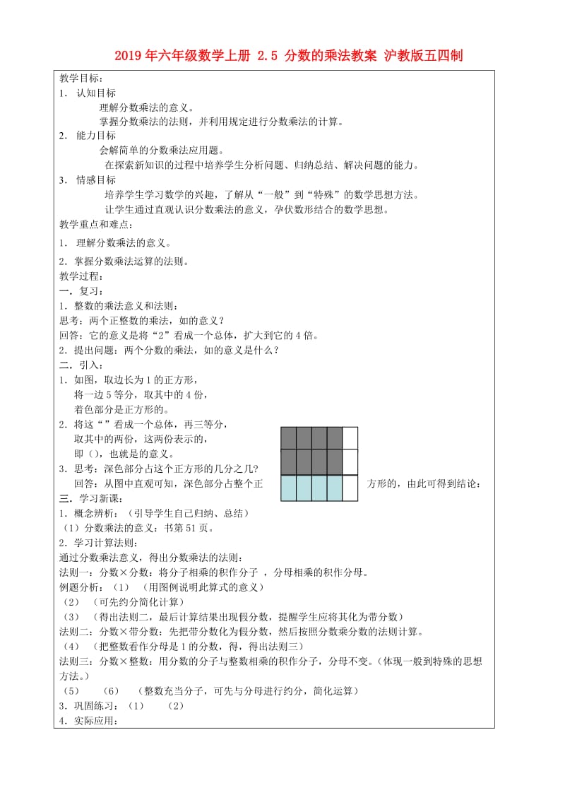 2019年六年级数学上册 2.5 分数的乘法教案 沪教版五四制.doc_第1页